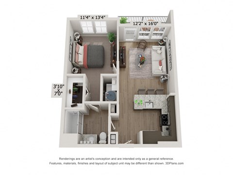Floor plan for 1 bed, 1 bath, 658 sqft